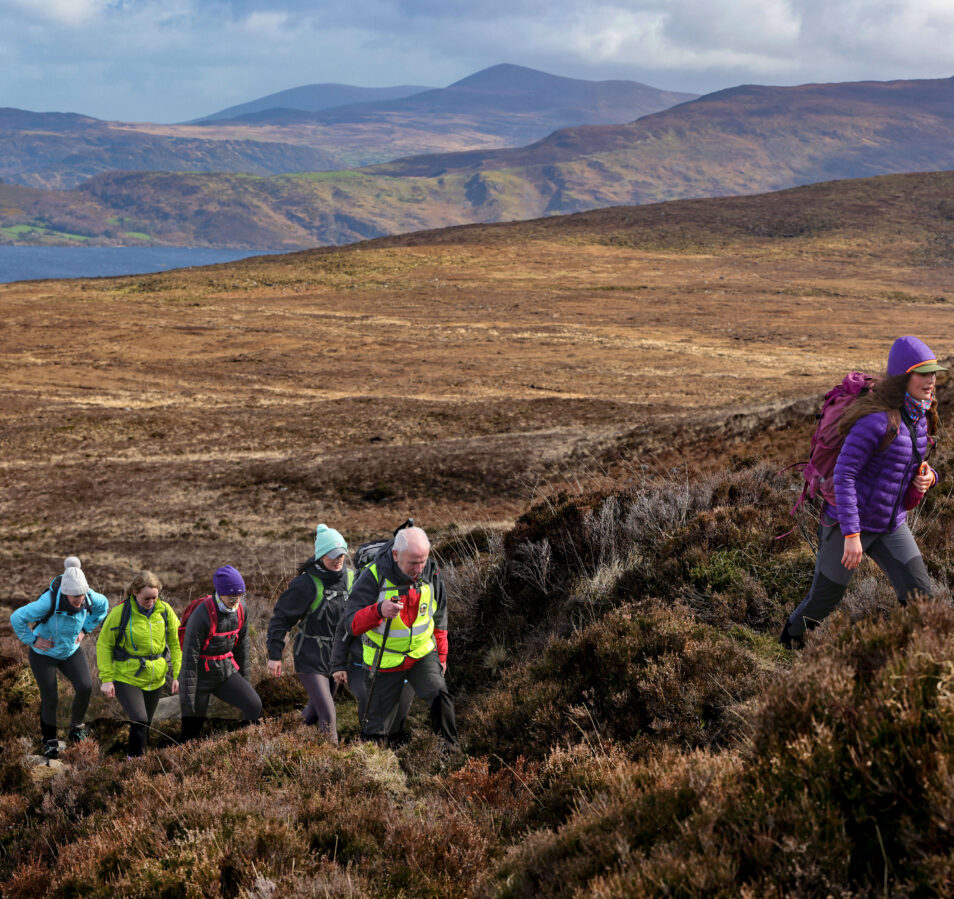 Group hiking on a scenic hillside near Killarney with mountains in the background.