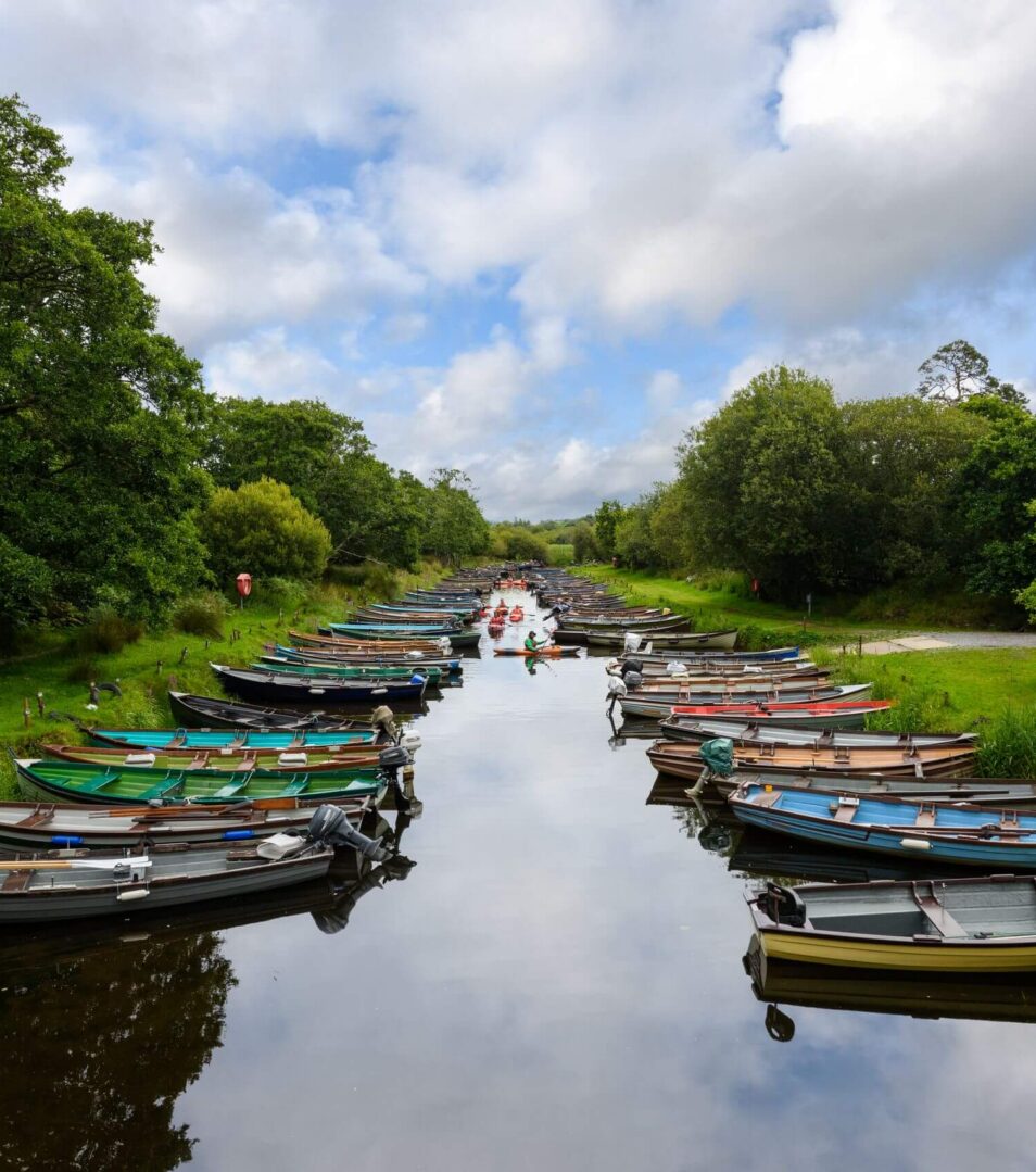 Families enjoying a serene day by boats on a lush river in Killarney, under a cloudy sky.