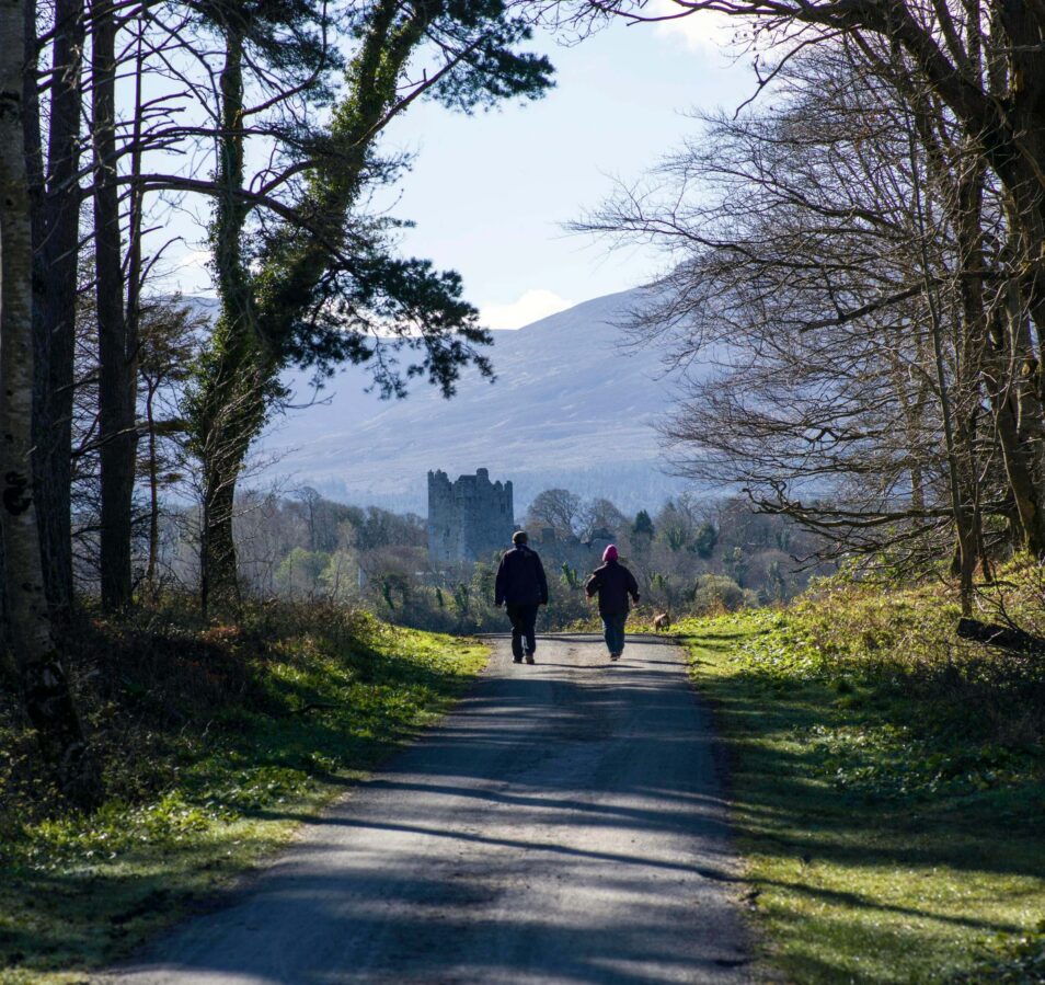 A couple strolls down a forest path towards a castle, surrounded by lush greenery near Killarney.