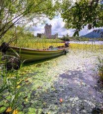 Family enjoying a tranquil boat ride by lush greenery near Killarney's scenic shore.