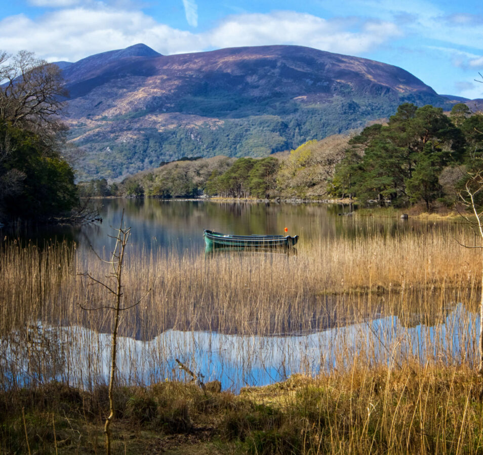 Serene lake with mountains and a lone boat in Killarney's natural scenery.