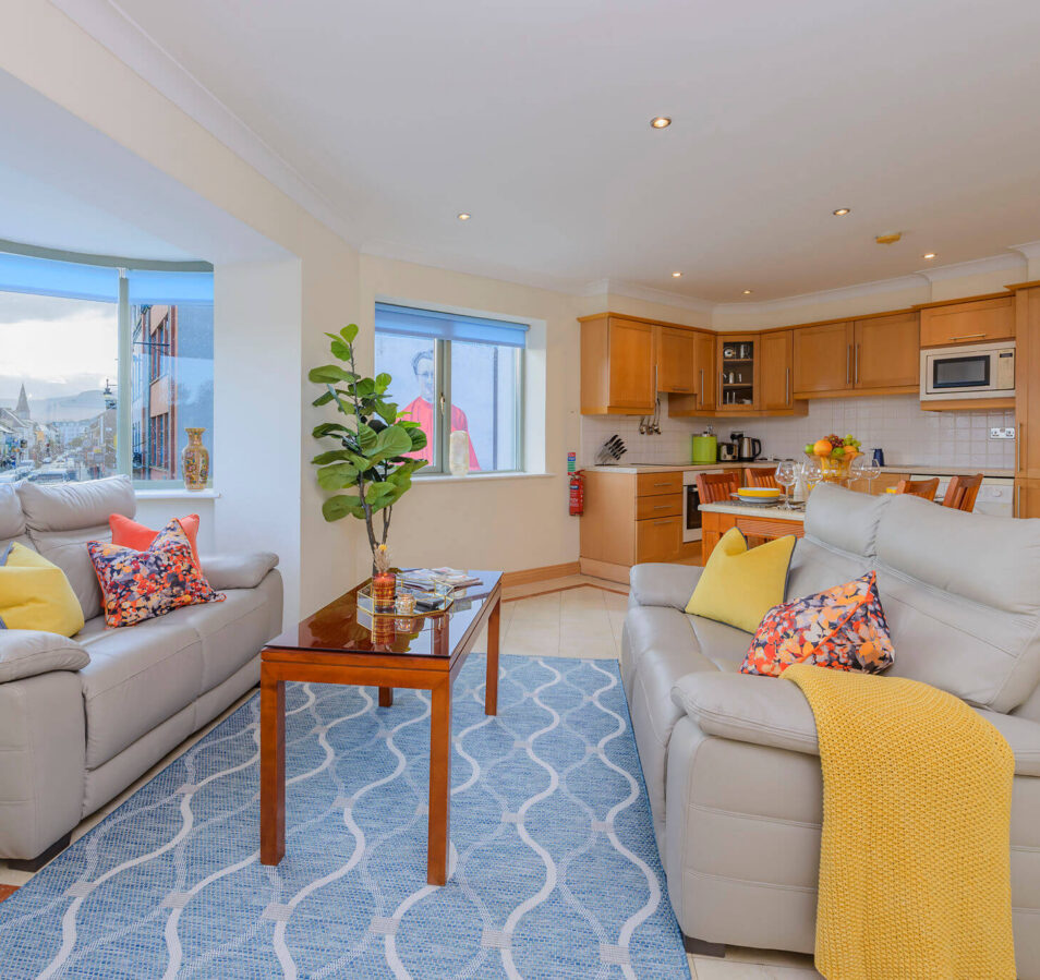 Modern living area in Park Place Apartments with cosy sofas, a bright window view, and a full kitchen setup.