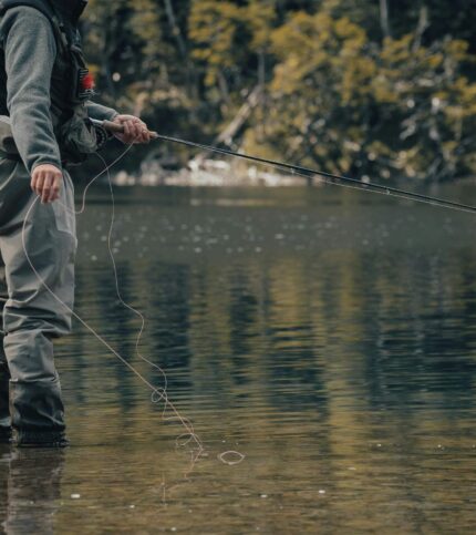 Person fly fishing in a tranquil lake surrounded by lush greenery.