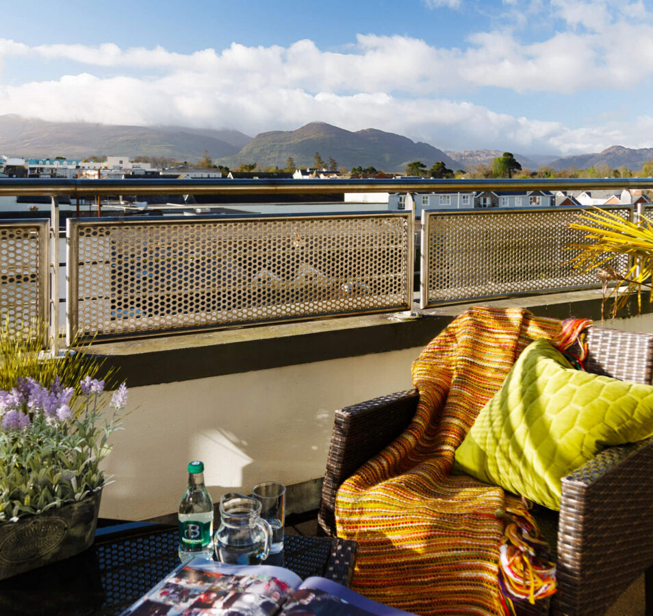 Cosy balcony at Park Place Apartments with mountain view in Killarney.