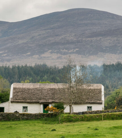 Family exploring lush green fields near cosy cottage with mountain backdrop in Killarney.