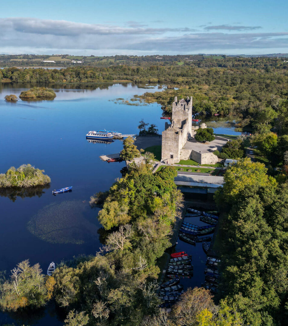 Scenic aerial view of a serene lake with a historic stone castle surrounded by lush greenery, a perfect setting for family exploration.