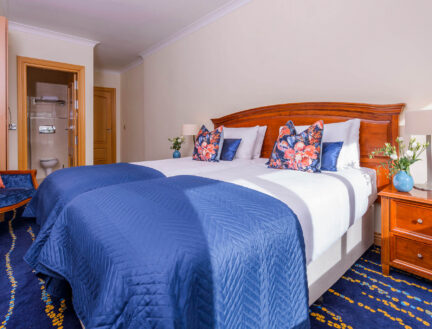 Elegant twin room with blue accents at Park Place Apartments in Killarney.