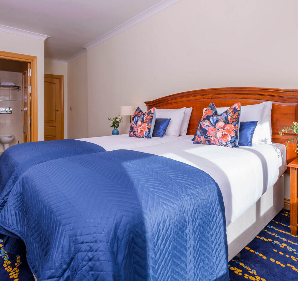 Elegant twin room with blue accents at Park Place Apartments in Killarney.