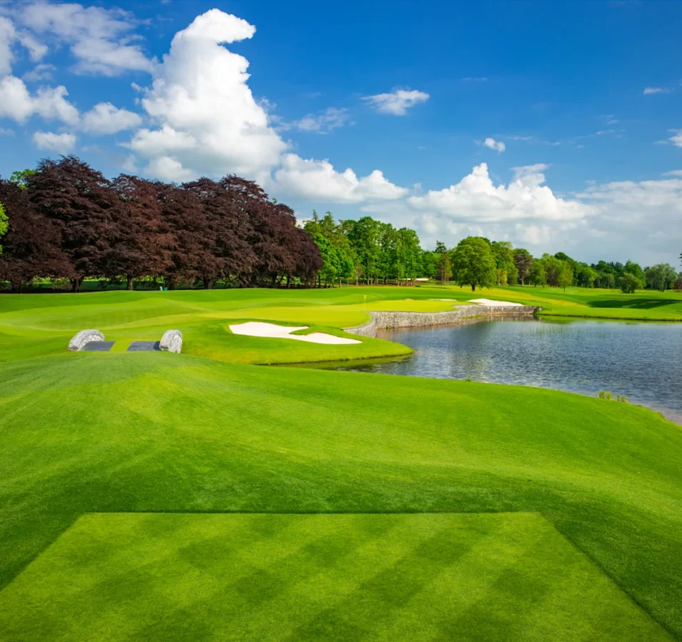 Lush golf course near Park Place Apartments, Killarney, with a serene pond and vibrant greenery.