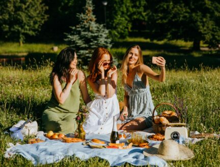 Group of friends having a picnic in a sunny meadow, taking a selfie on a warm day.