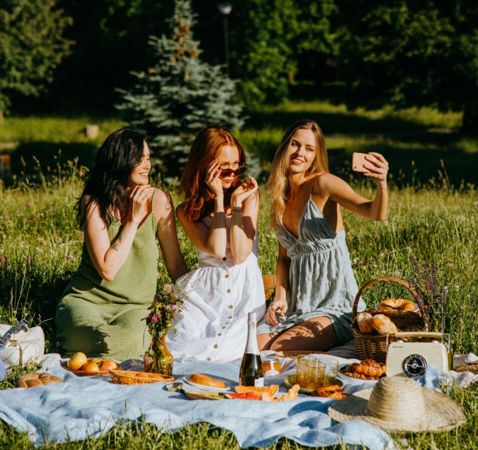 Group of friends having a picnic in a sunny meadow, taking a selfie on a warm day.